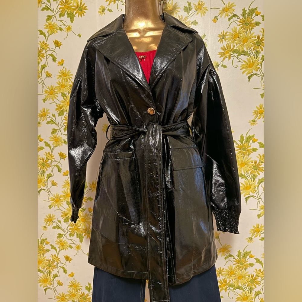 Black faux patent leather Belted Jacket size M